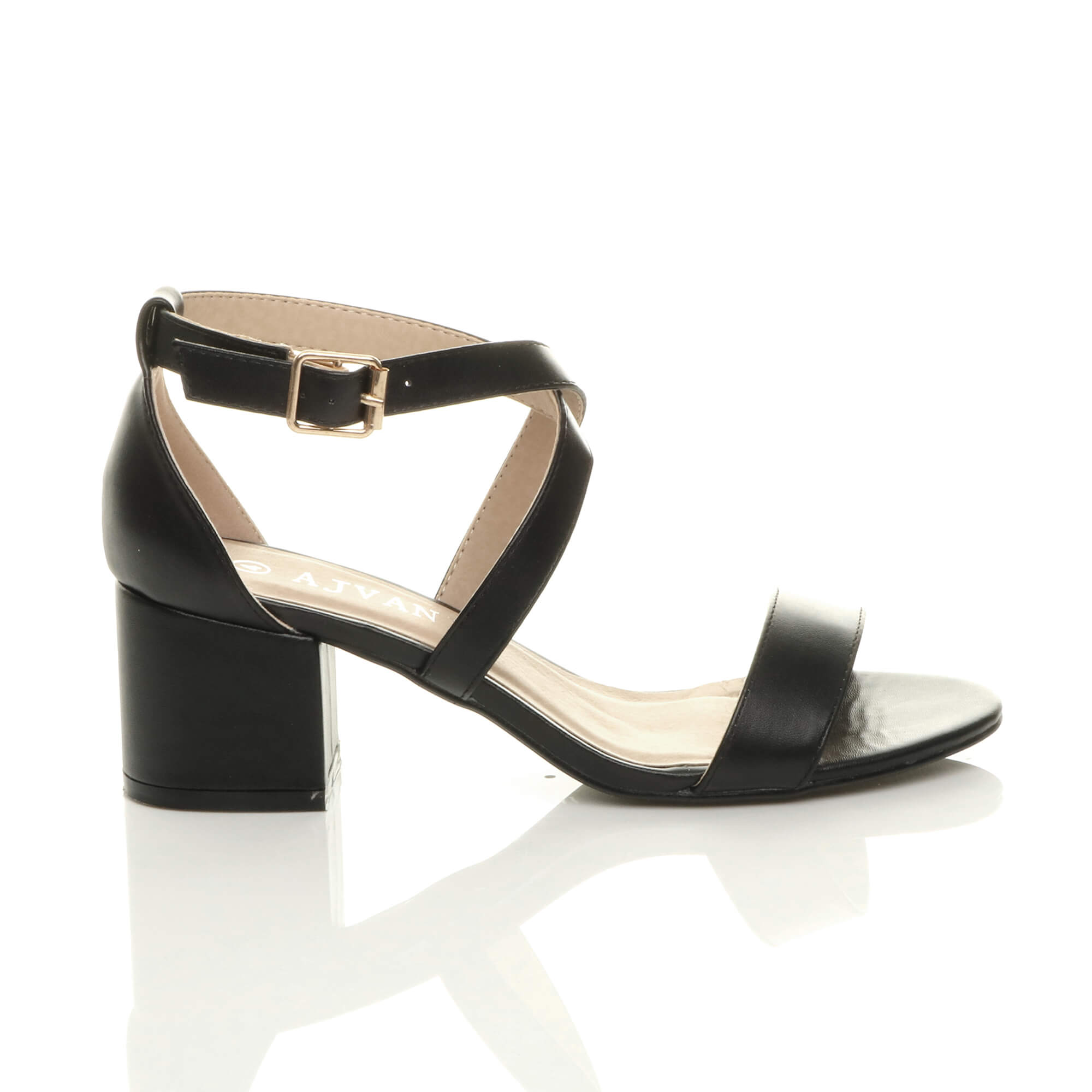 Black AJVANI Black Mid Block Heel Crossed Straps Sandals, Image 2 of 6