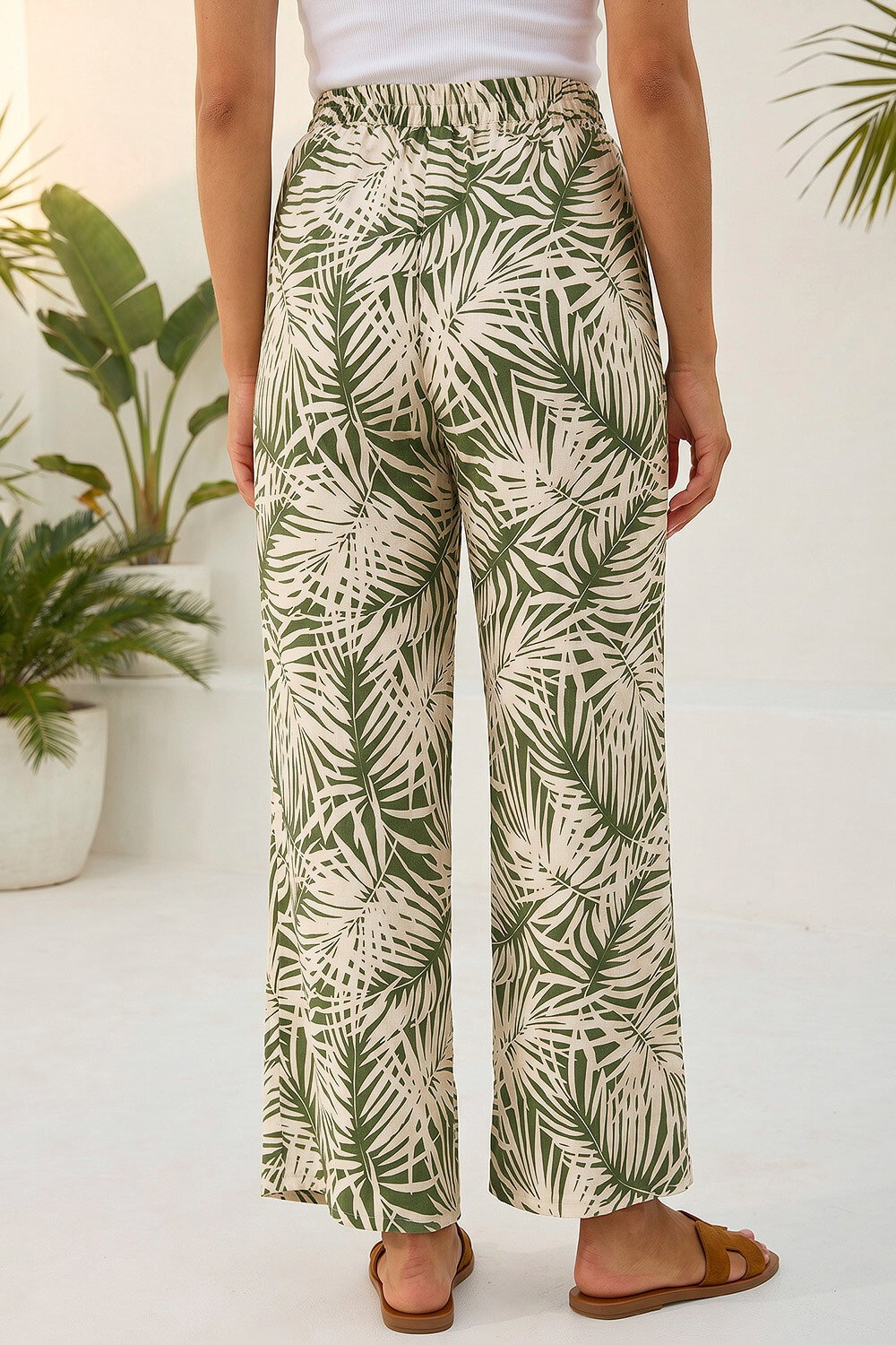 Khaki Petite Leaf Print Wide Leg Trouser, Image 4 of 4