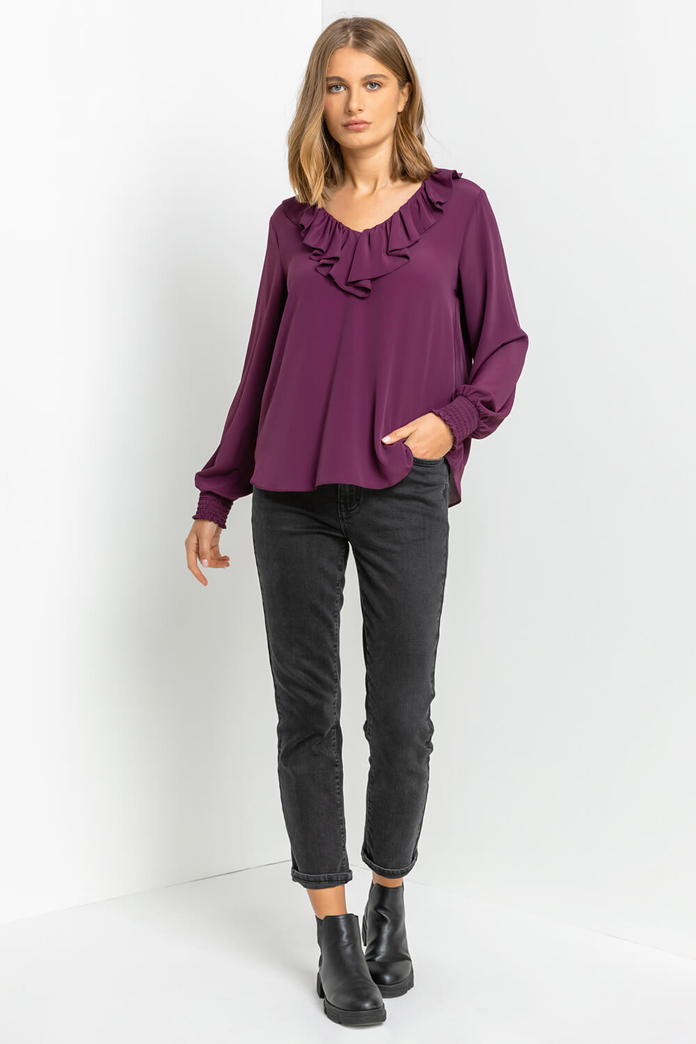 Aubergine Chiffon Frill Neck Detail Top, Image 4 of 4