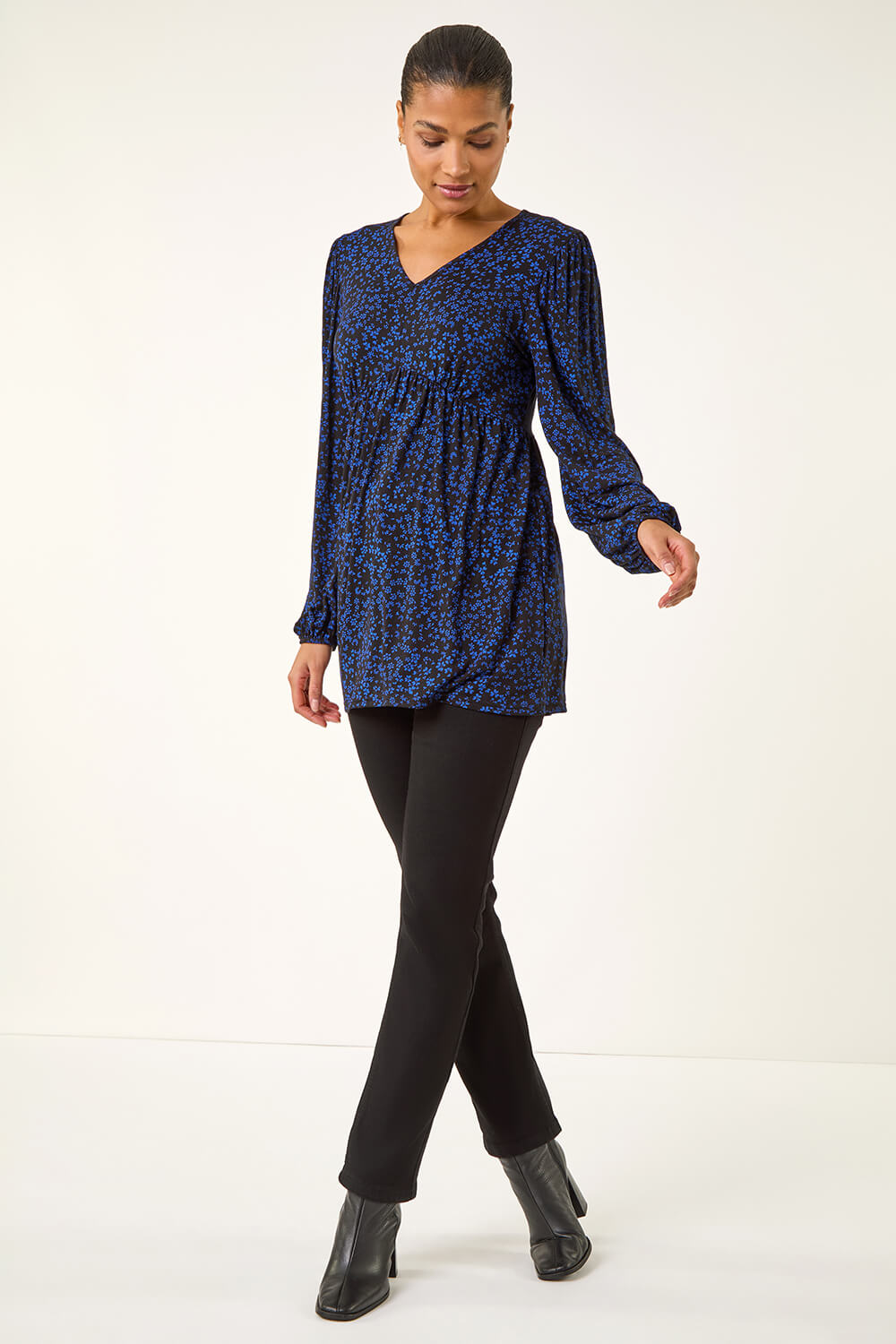 Navy Abstract Print V-Neck Tunic Top, Image 3 of 5