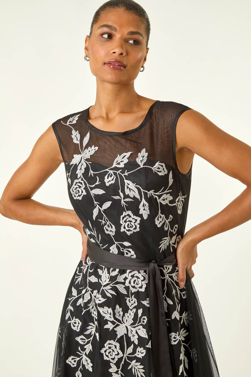 Black Embroidered Tie Waist Midi Dress, Image 6 of 6
