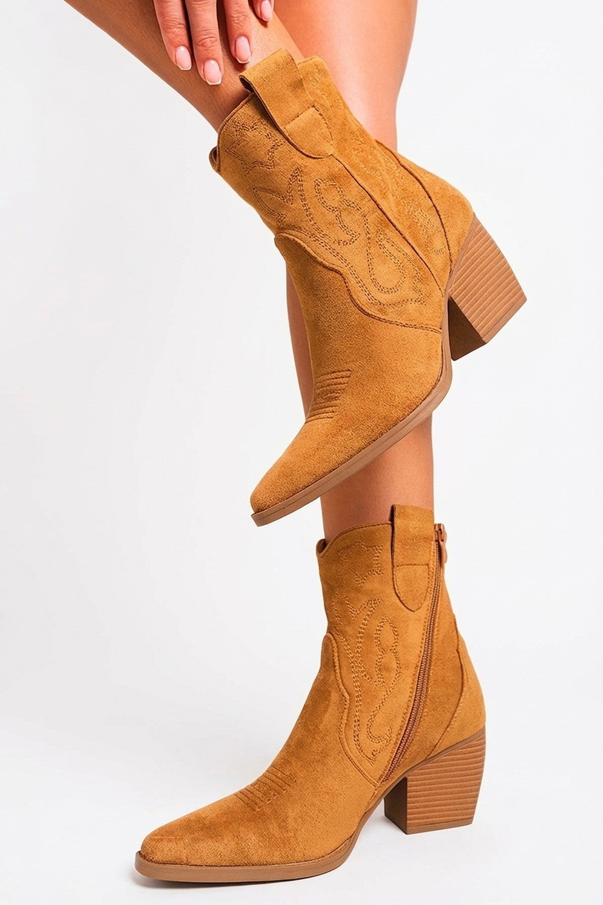 Camel Laura Suede Cowboy Ankle Length Boots, Image 7 of 8
