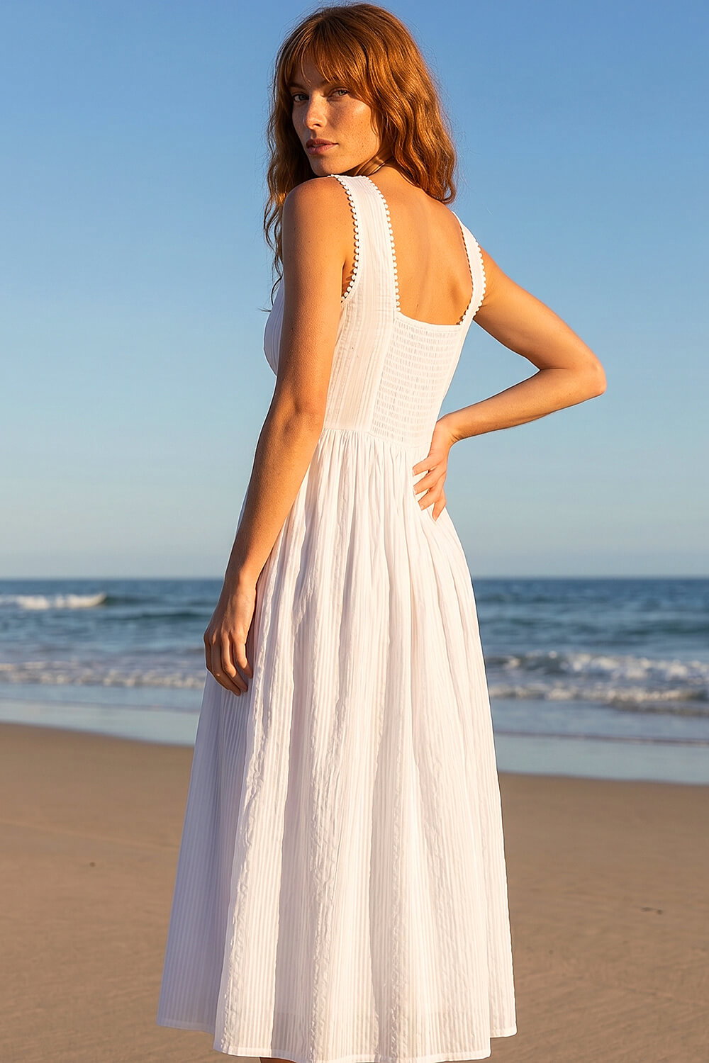 White Seersucker V-Neck Midi Dress, Image 4 of 4