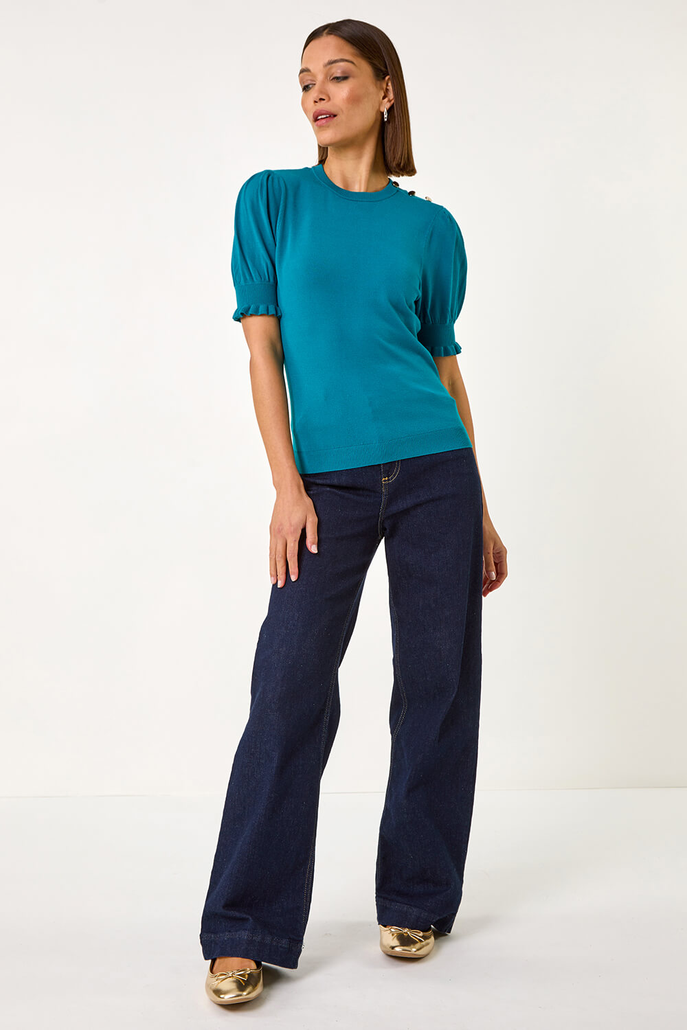 Teal Puff Sleeve Buttoned Knit Top, Image 3 of 5