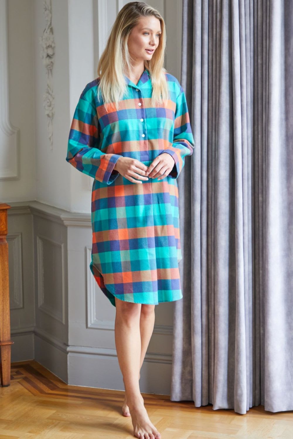 Multi British Boxers Multi "Acorn Squash" Check Brushed Cotton Nightshirt, Image 2 of 2