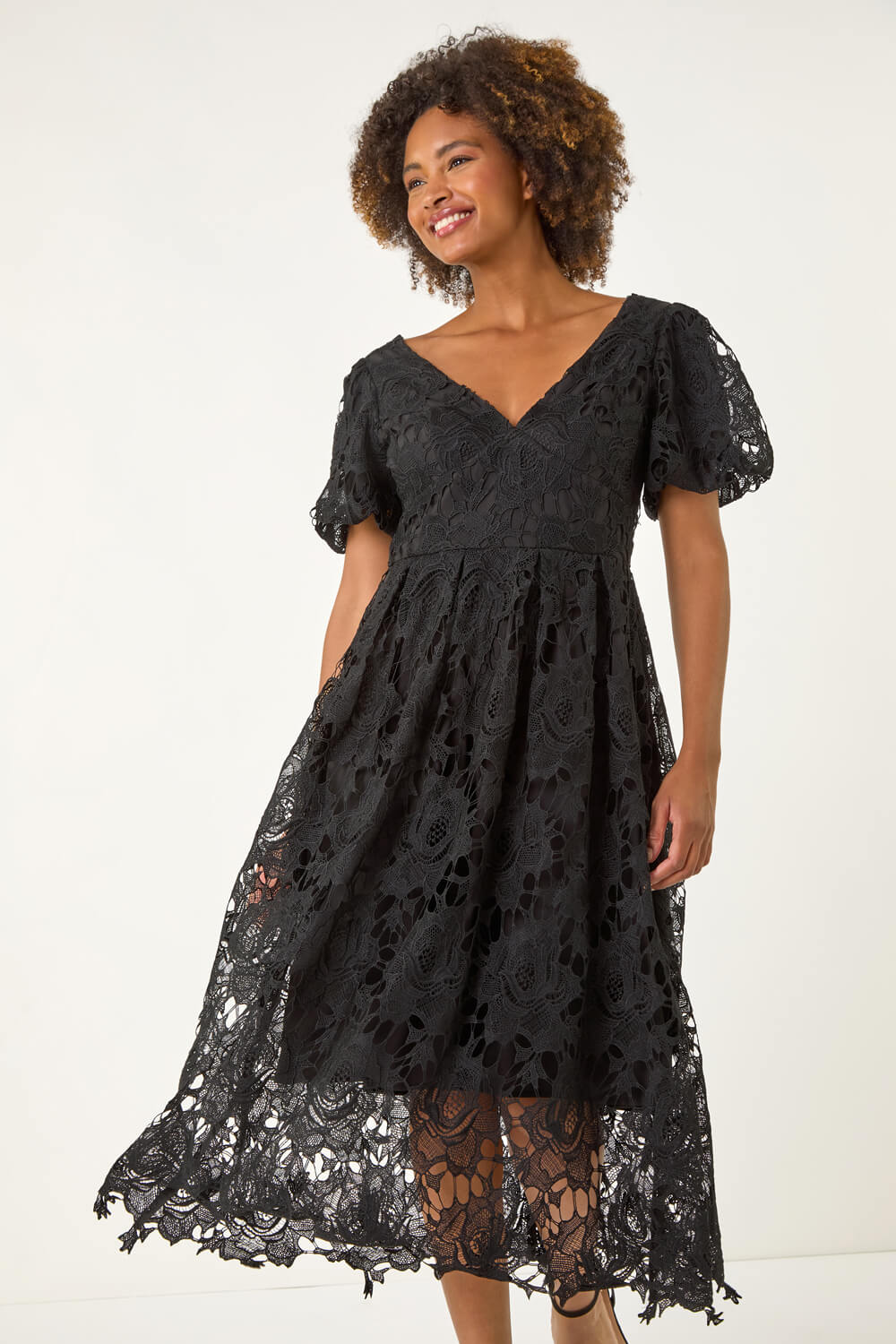 Black Crochet Lace V-Neck Midi Dress, Image 1 of 5