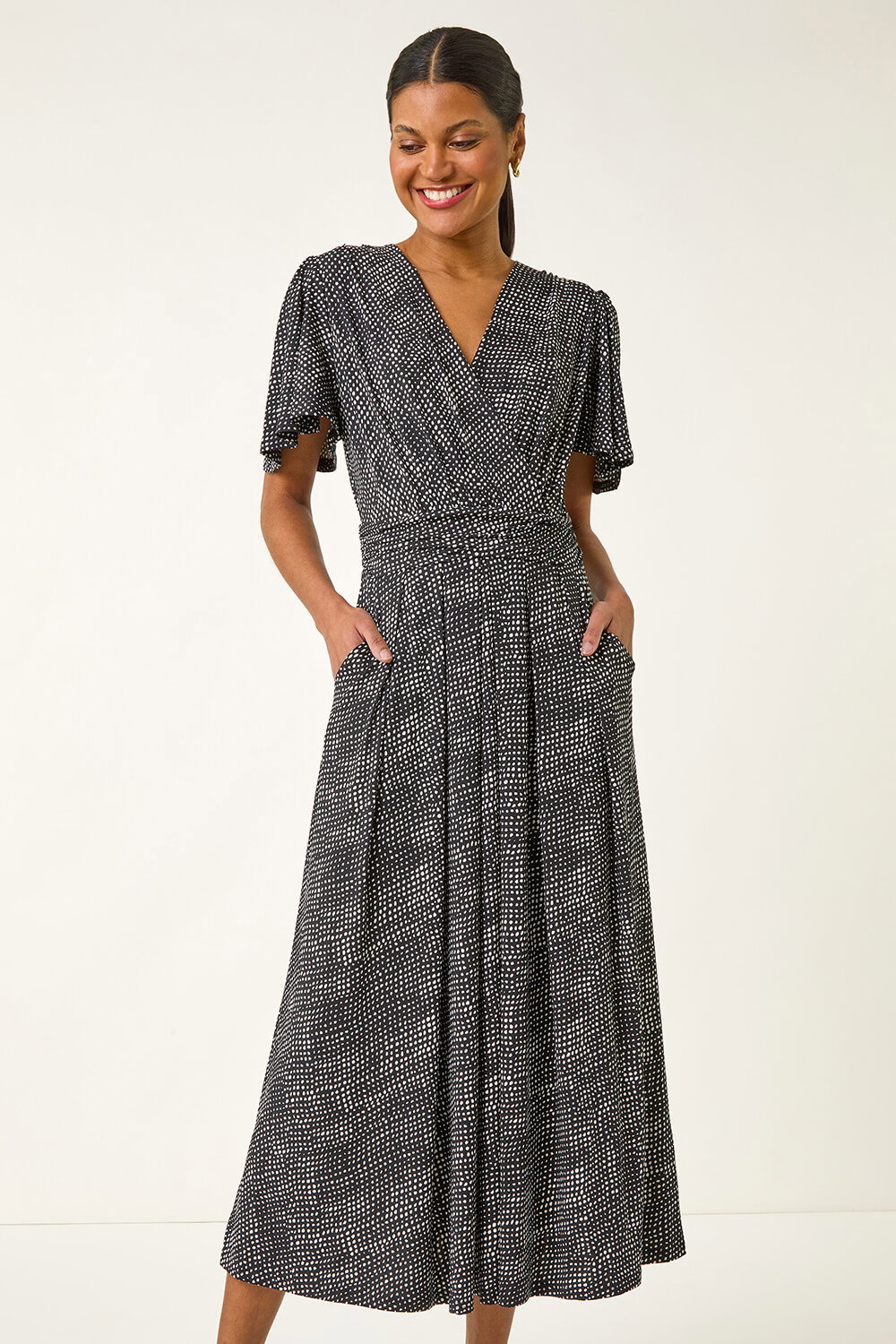 Black Spot V-Neck Midi Wrap Dress, Image 3 of 5