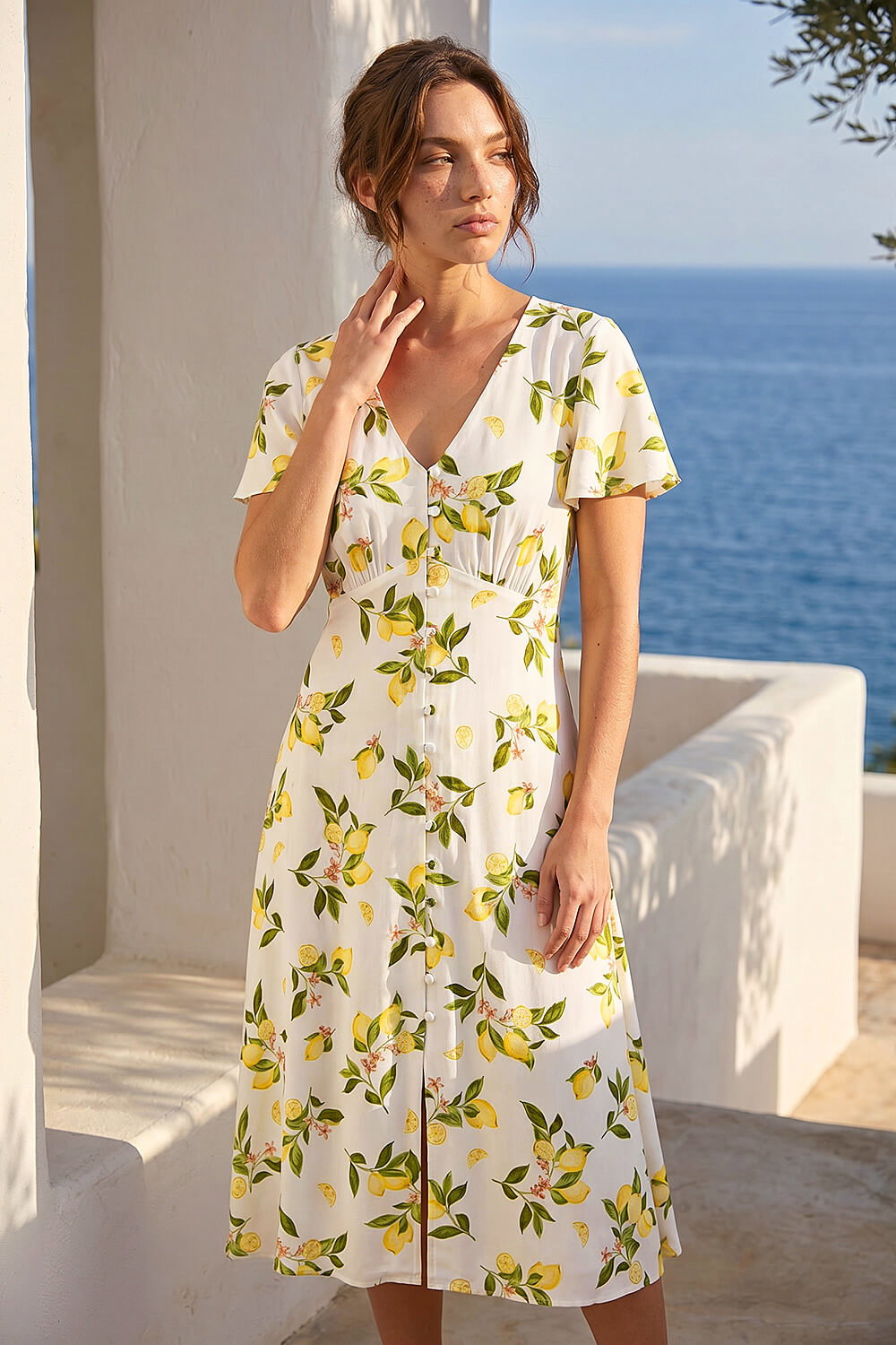 Ivory Petite Lemon Print Button Tea Dress, Image 1 of 4