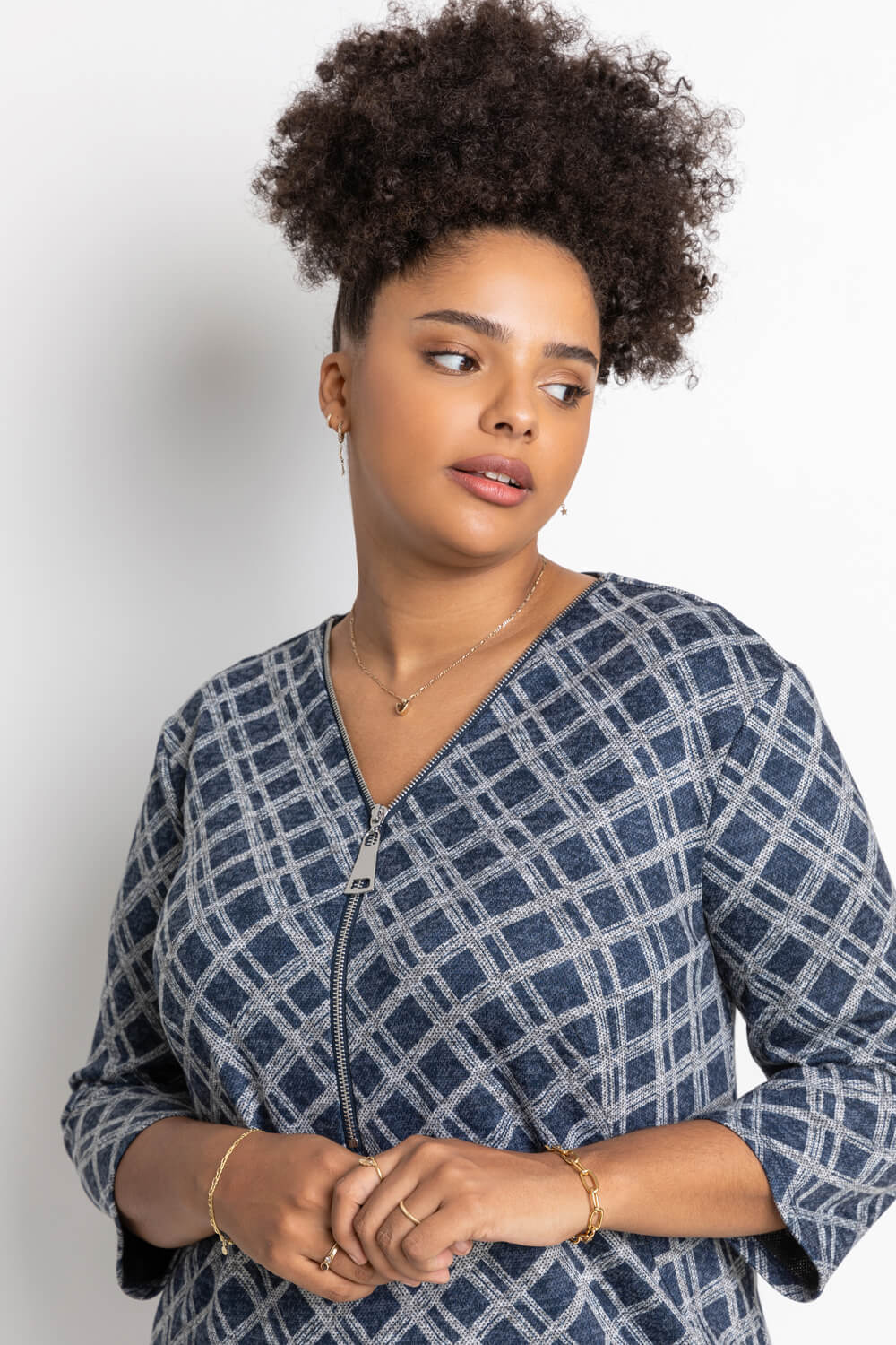 Navy  Curve Check Print Zip Shift Dress, Image 5 of 4