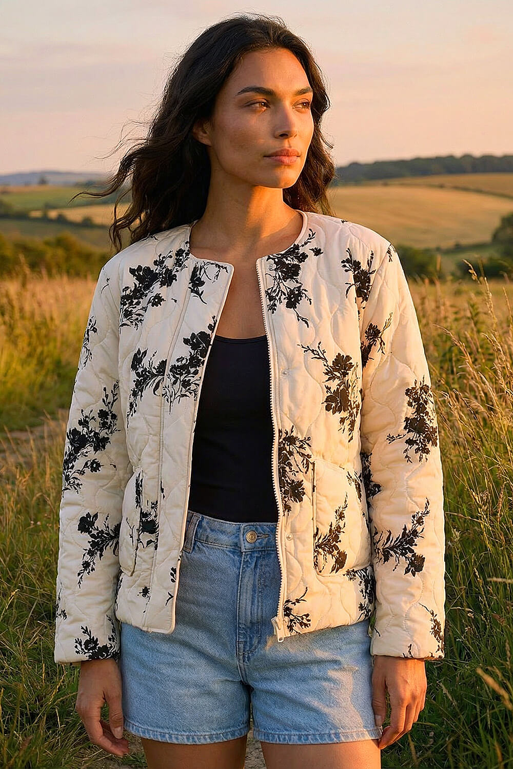 Cream Floral Flock Quilted Jacket | Roman UK