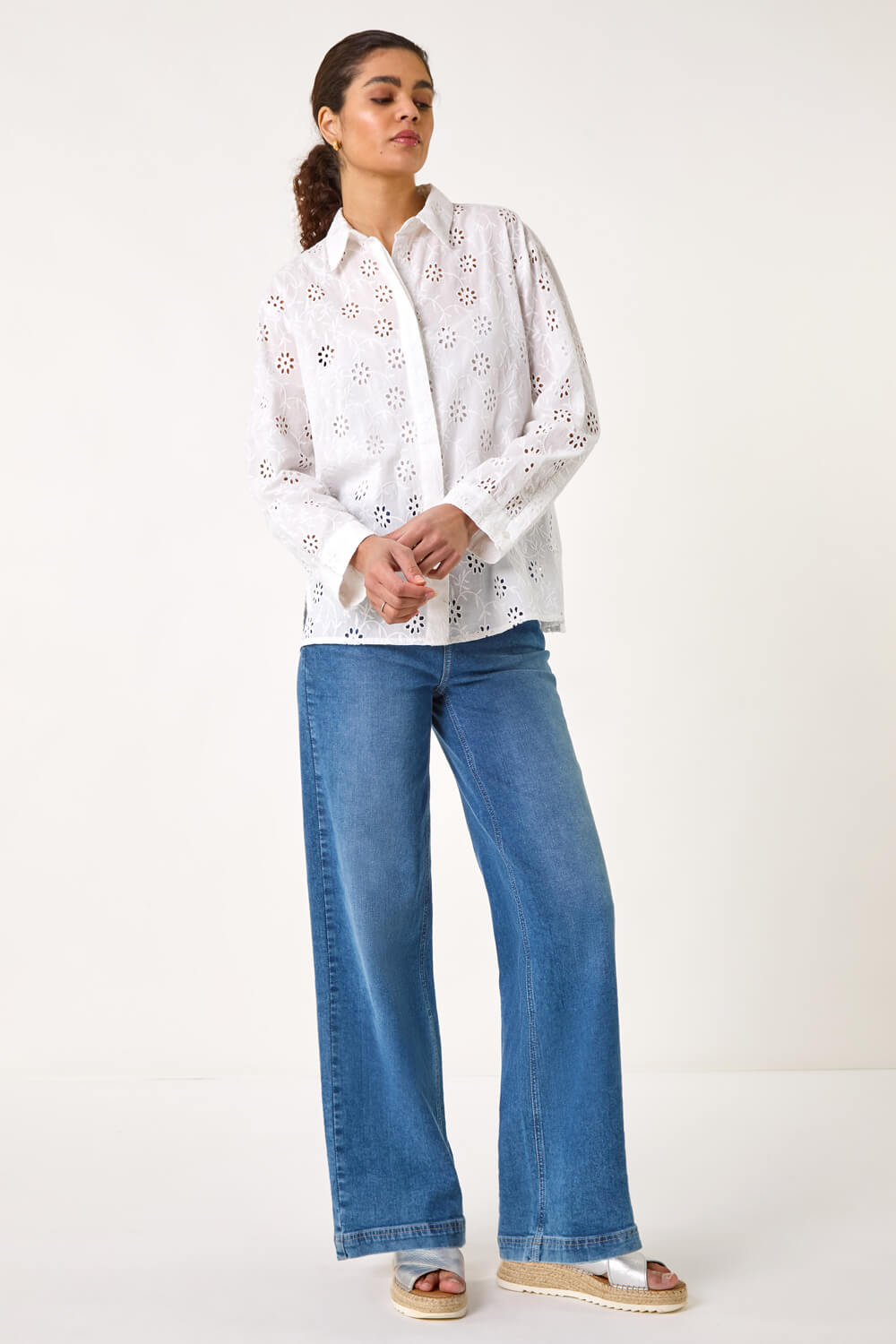 Ivory Floral Broderie Collar Cotton Shirt , Image 3 of 7