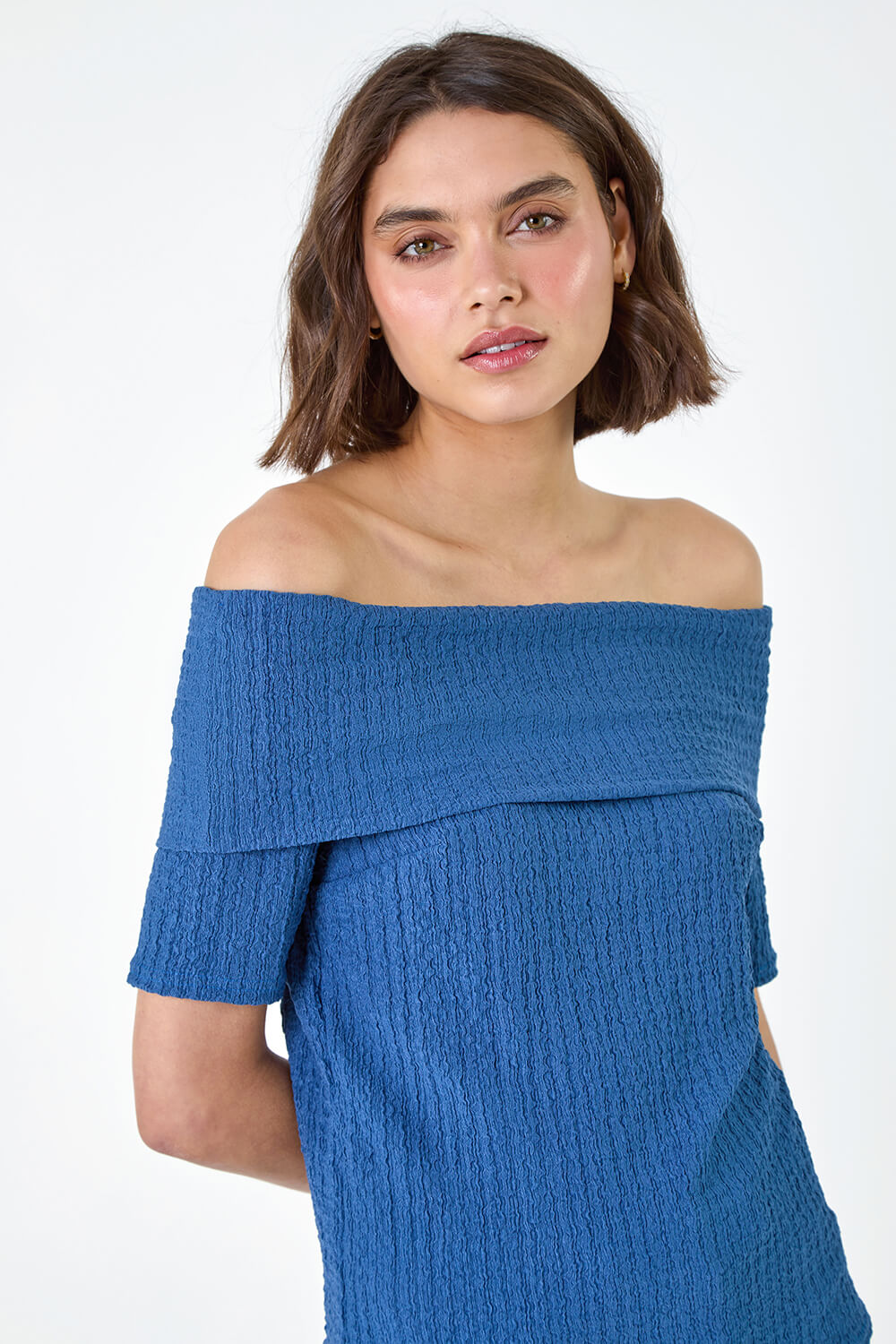 Denim Textured Stretch Bardot Top, Image 5 of 6