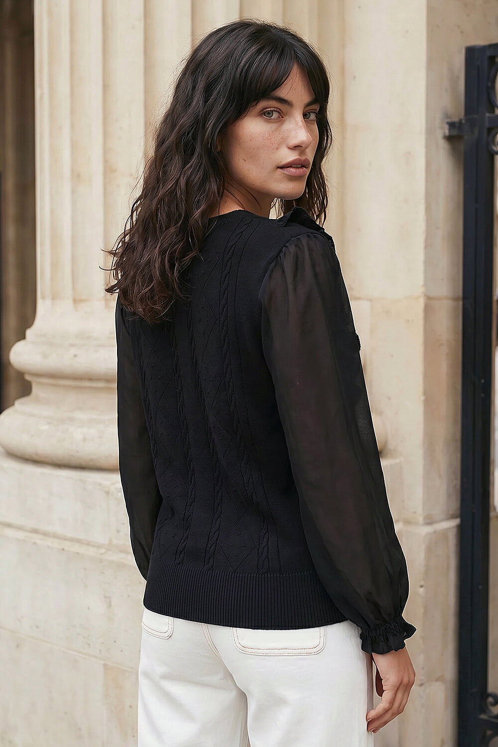 Black Woven Sleeve Buttoned Knit Jumper, Image 4 of 4