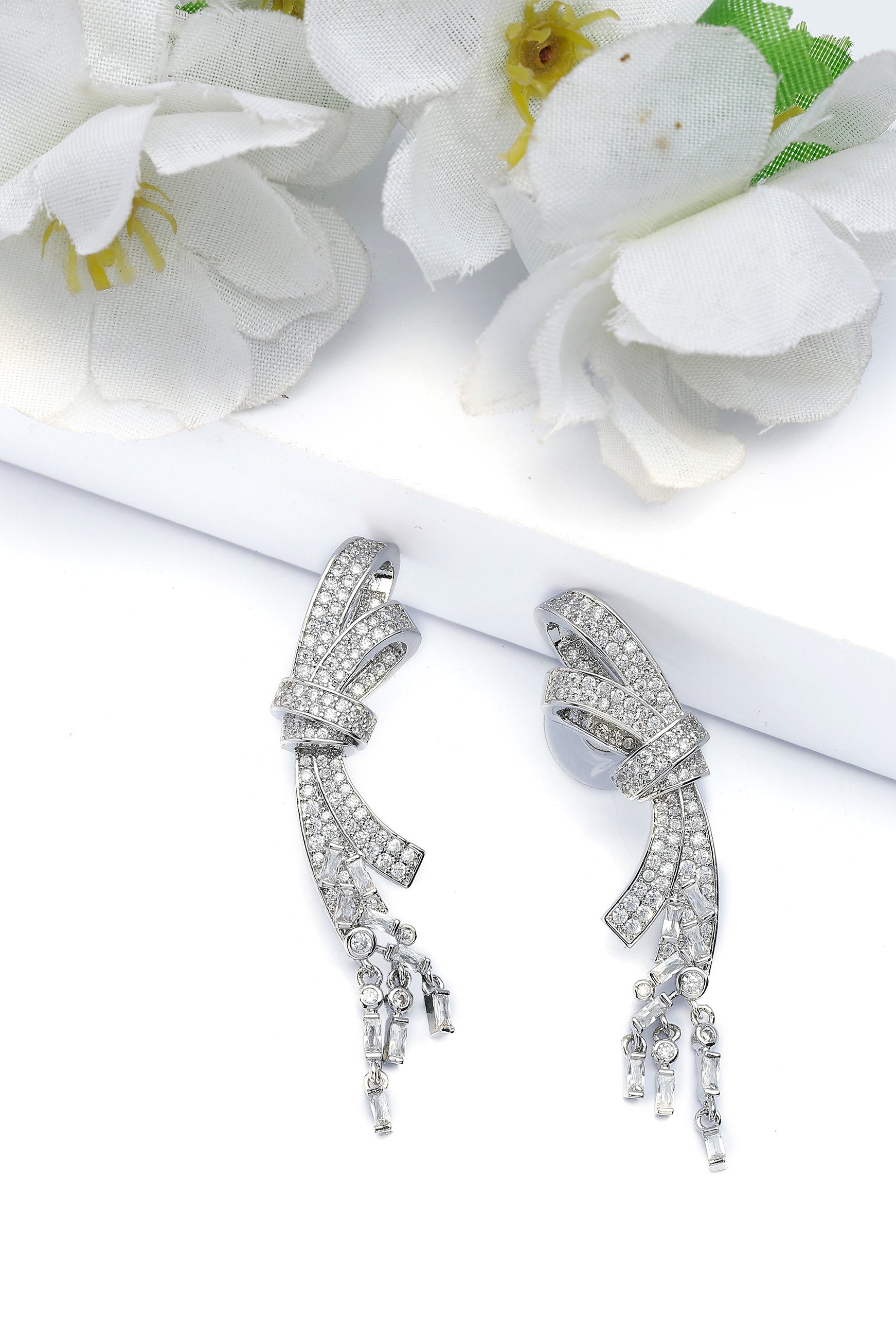Silver Dramatic Bow-shaped Drop Earrings, Image 2 of 4