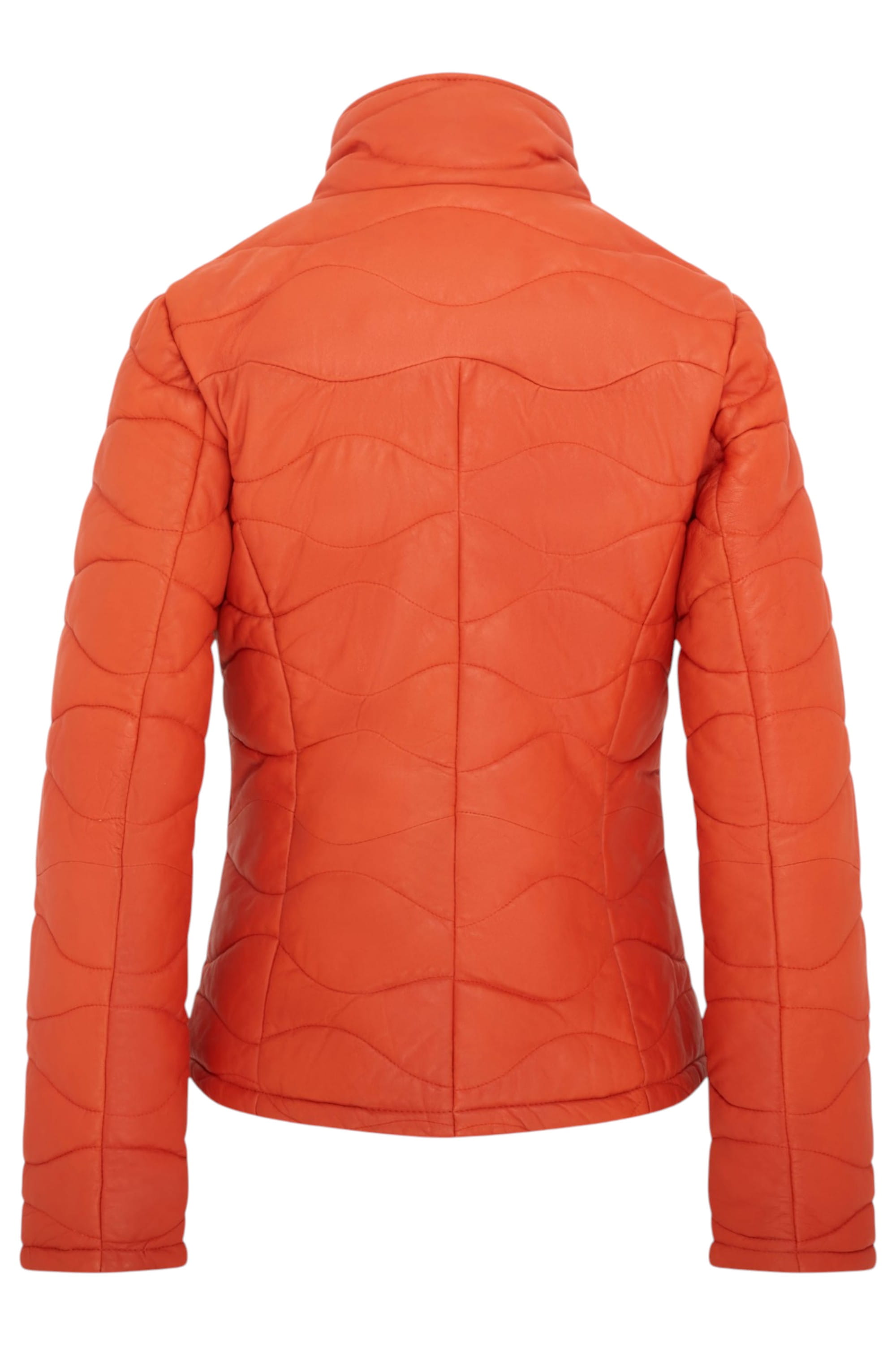 Orange Infinity Leather Orange Puffer Quilted Bomber Leather Jacket, Image 4 of 7
