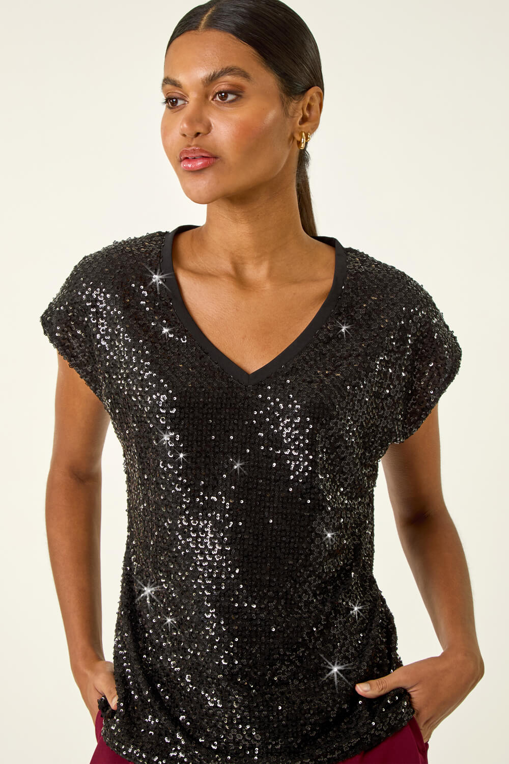 Black Sequin V-Neck Stretch Top, Image 3 of 5