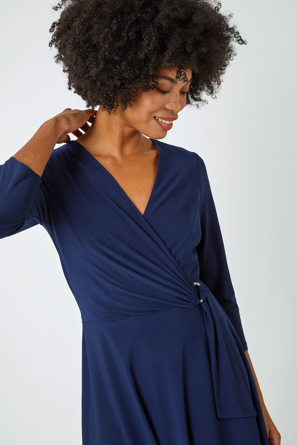 Navy Ring Buckle Wrap Stretch Dress, Image 5 of 5