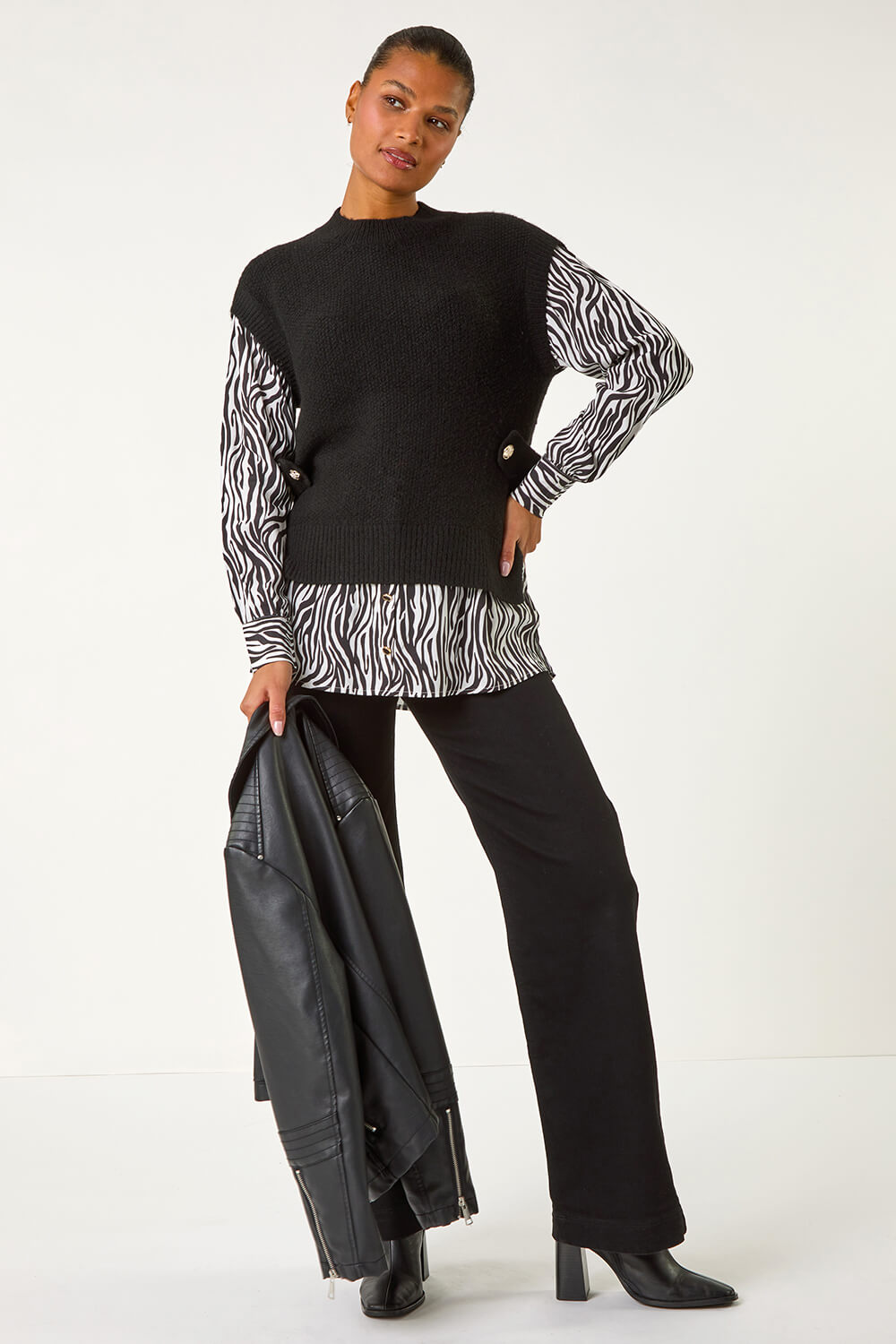 Black 2 In 1 Animal Print Knit Jumper, Image 3 of 5