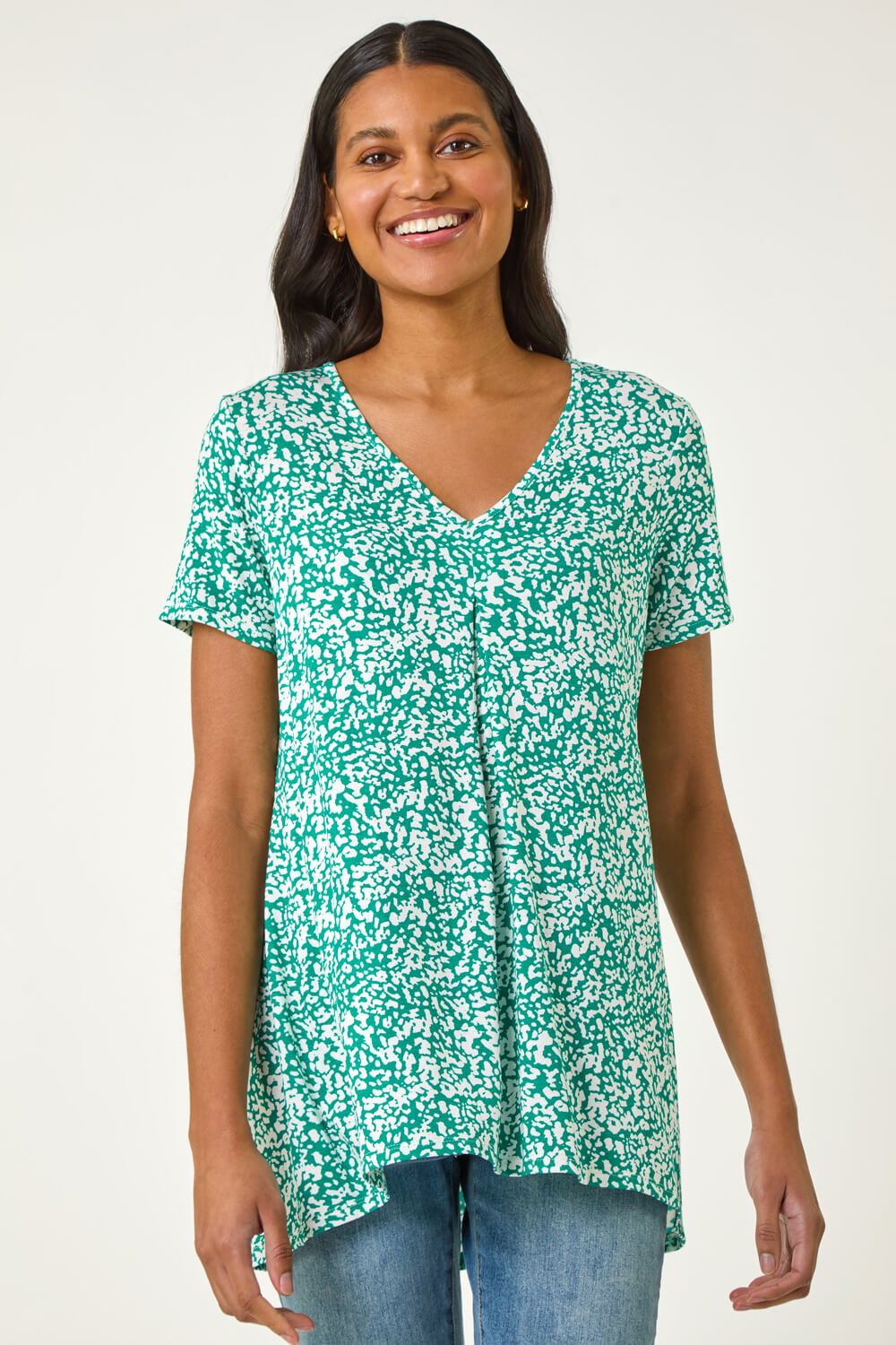 Green Abstract Print Pleat Front Top, Image 3 of 5