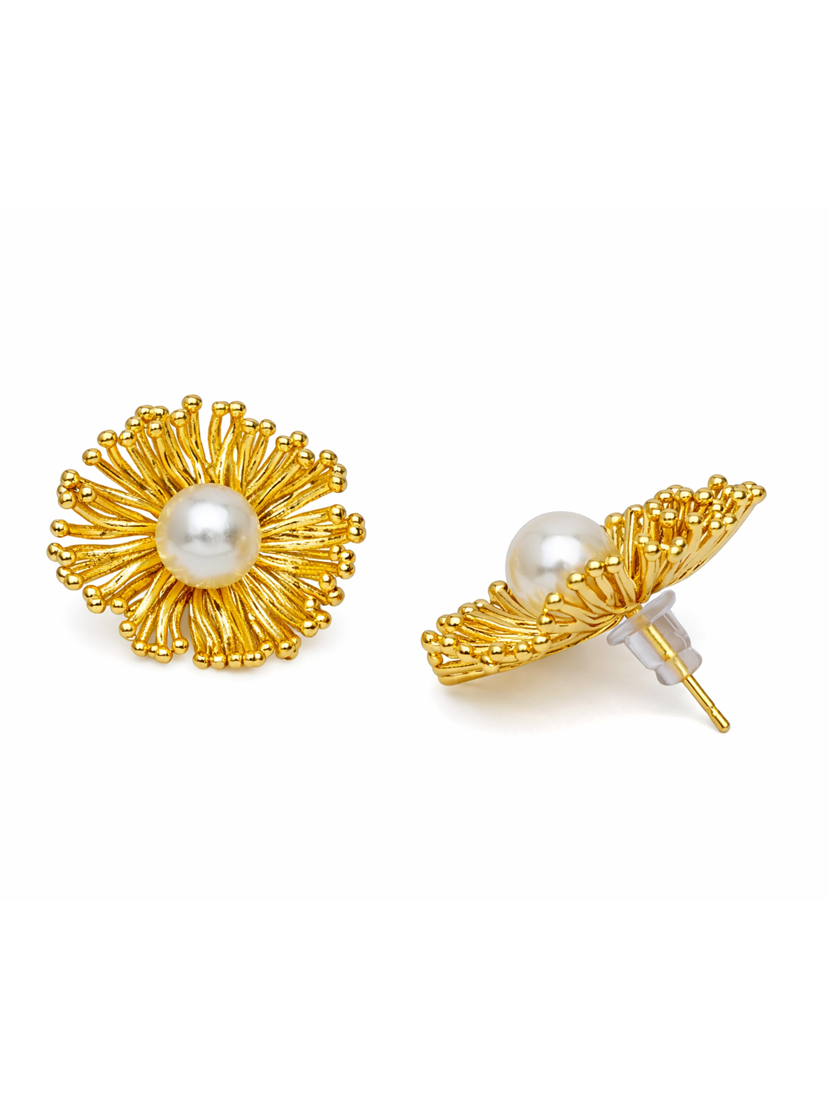 Gold Sunburst Pearl Stud Earrings, Image 2 of 3