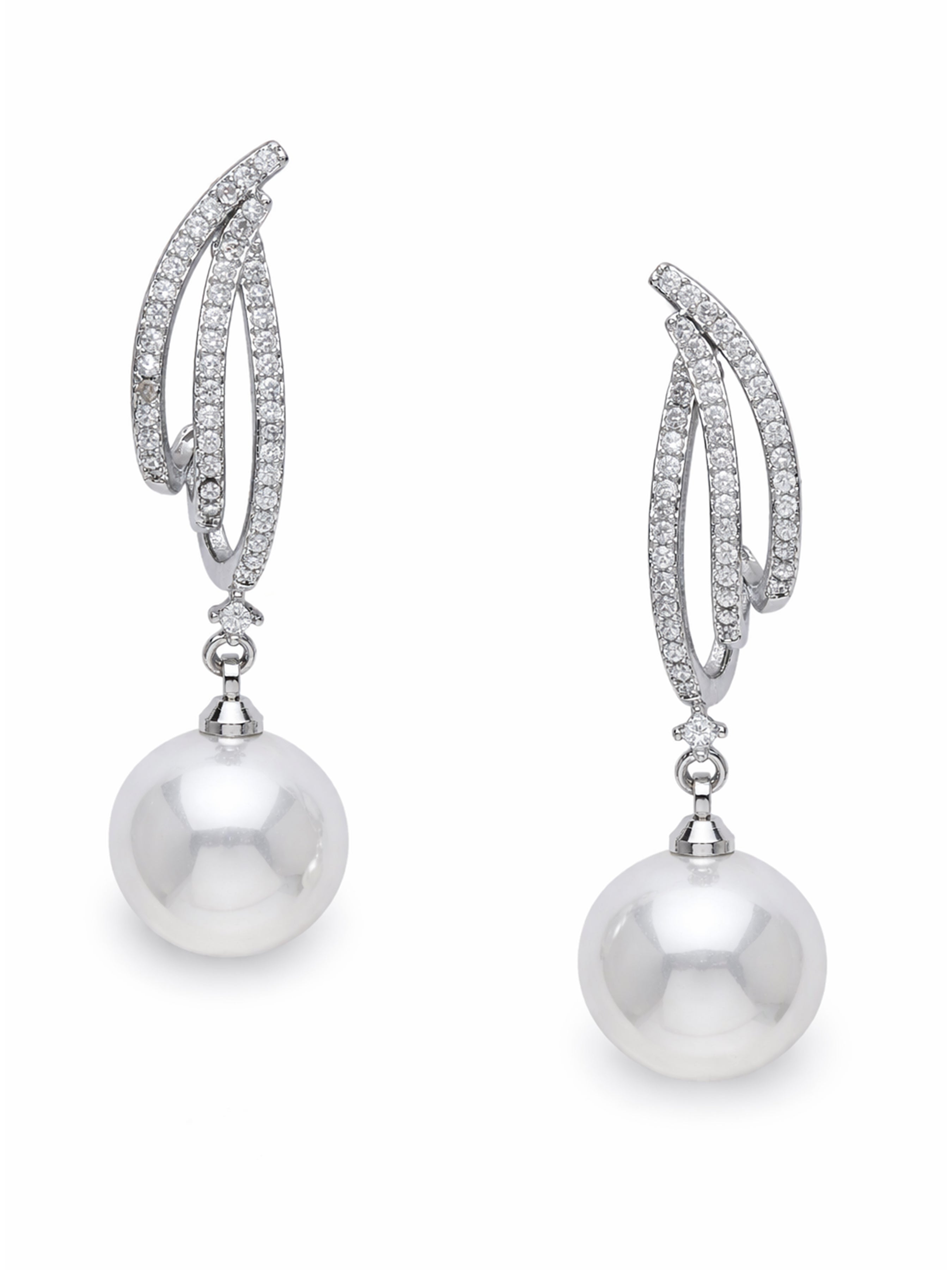 Metallic Curved Pavé Pearl Drop Earrings