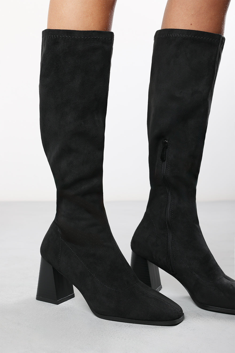Black 'Yasmine' Stretch Calf Block Heel Boots, Image 1 of 5