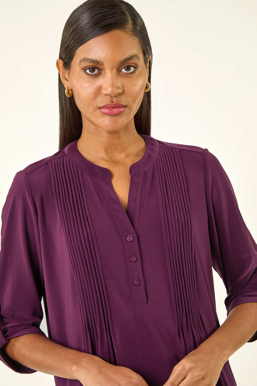 Plum Pintuck Jersey Stretch Top, Image 1 of 5