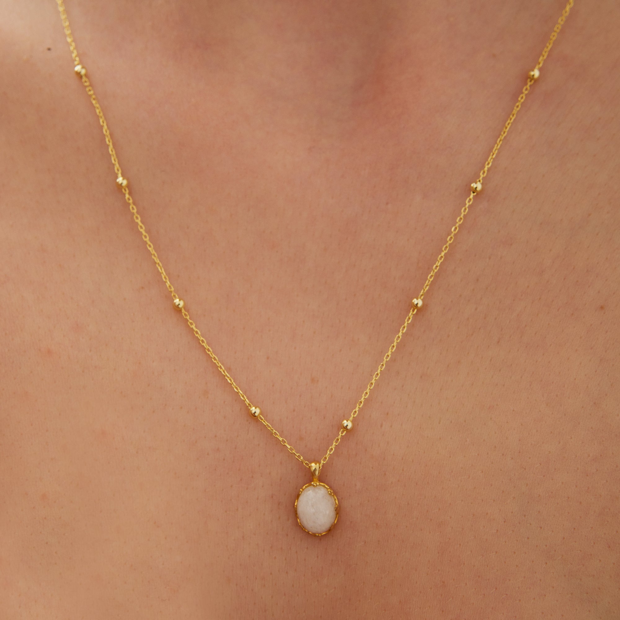 Gold Moonstone Sterling Silver Pendant Necklace With Beaded Chain, Image 2 of 4