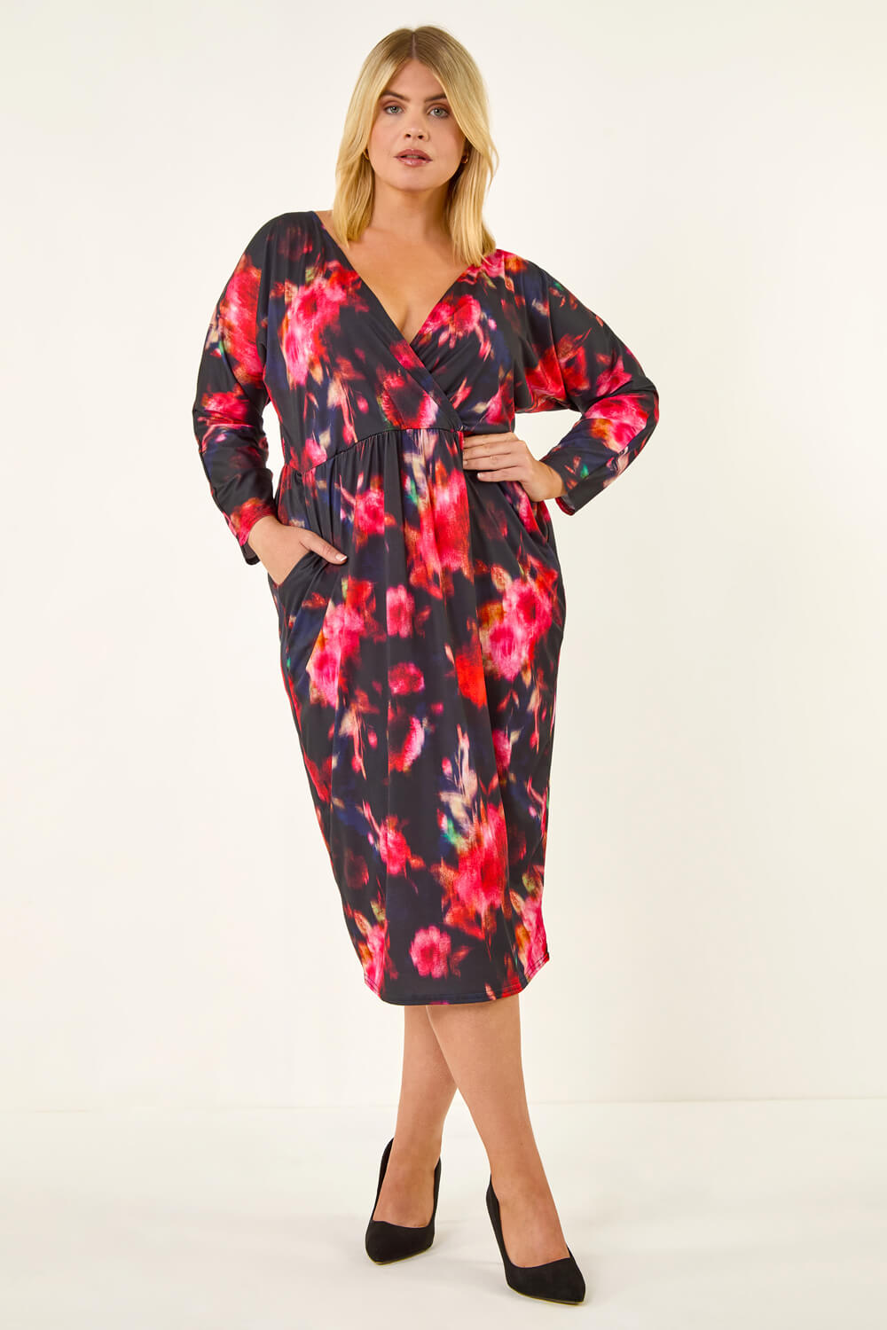 Red Curve Floral Print Mesh Midi Dress, Image 4 of 8
