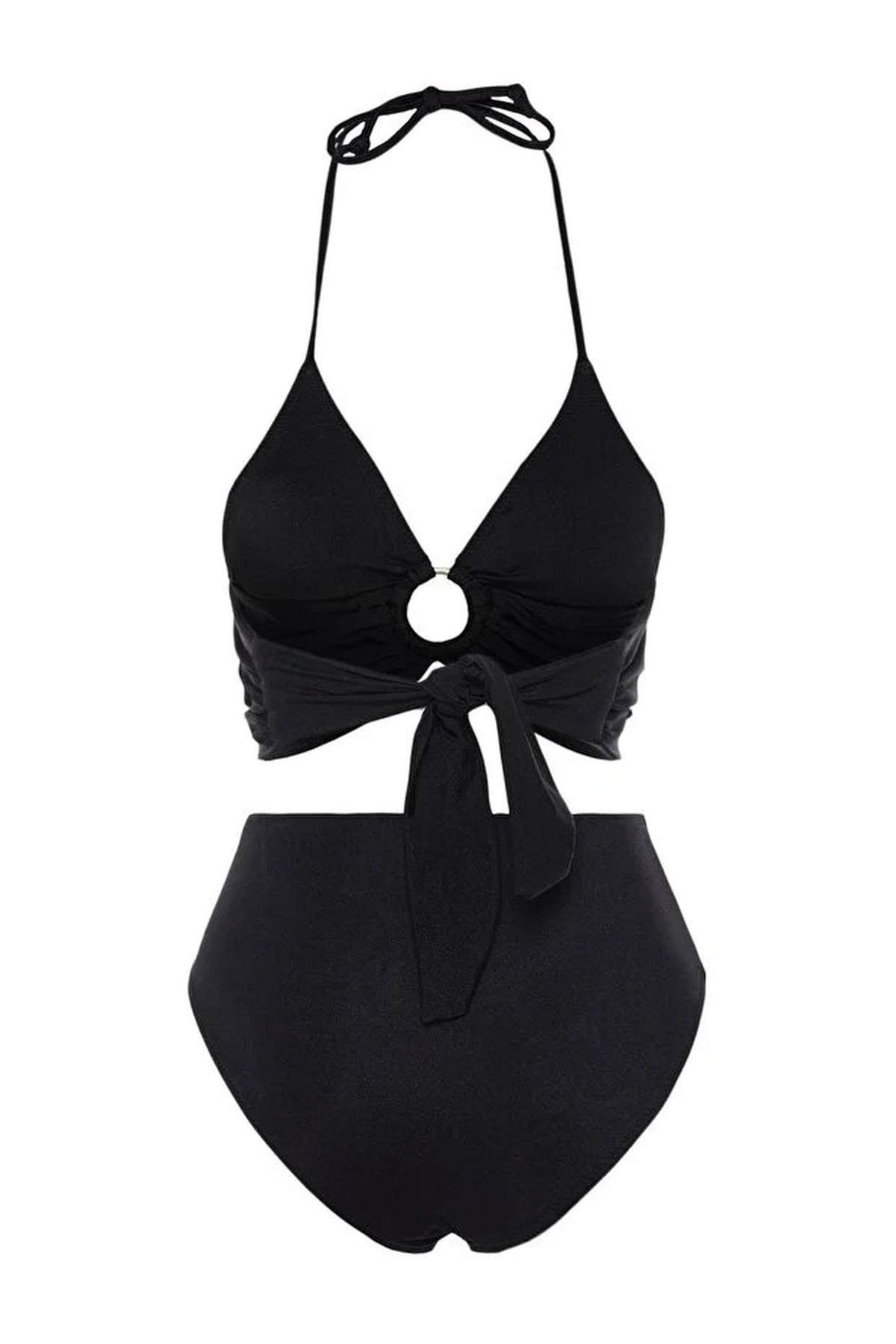 Black Halterneck Ring Detail Ruched Bikini Set, Image 3 of 4