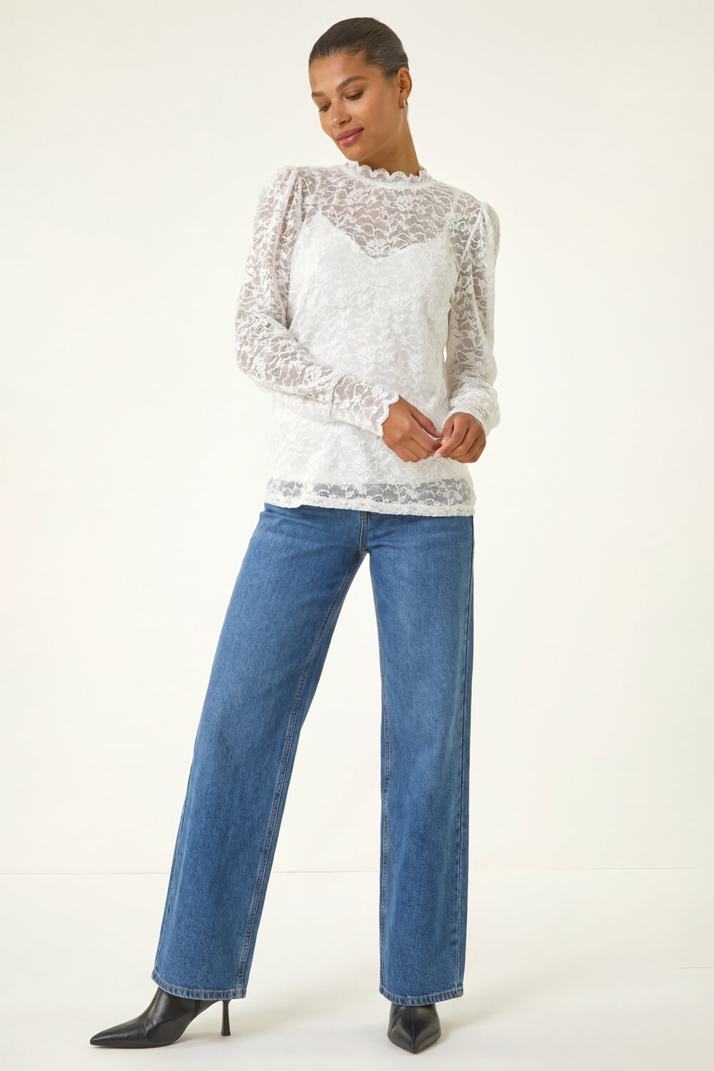 Ivory Lace Frill High Neck Stretch Top, Image 3 of 4