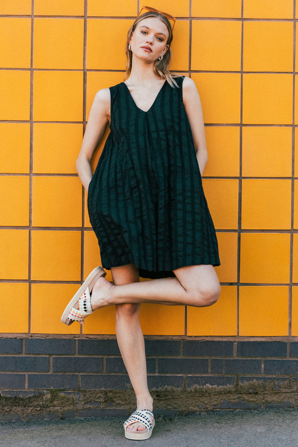 Black Textured Short A-Line Dress, Image 7 of 7