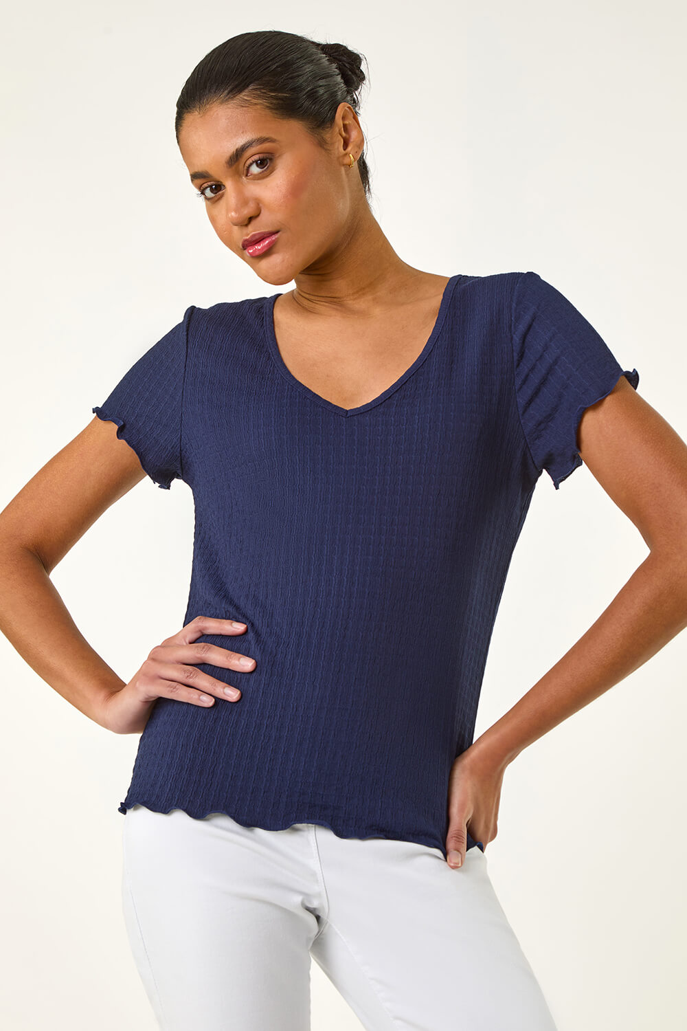 Navy  Textured Lettuce Edge Top  , Image 1 of 5