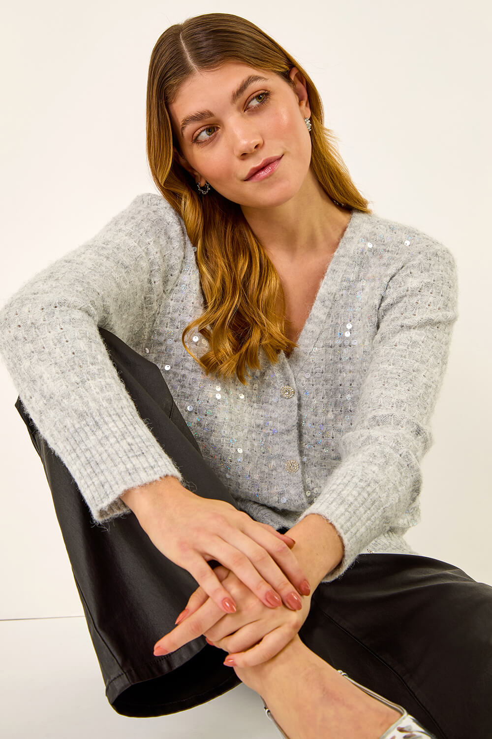 Grey Buttoned Sequin Knit Cardigan, Image 3 of 7