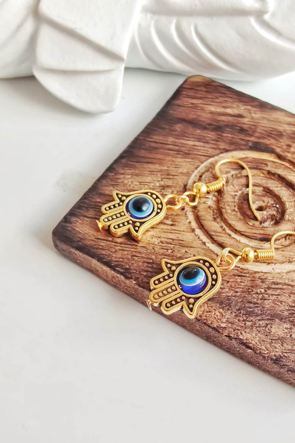 Gold Hamsa Evil Eye Drop Earrings - Spinning Bead, Image 2 of 3