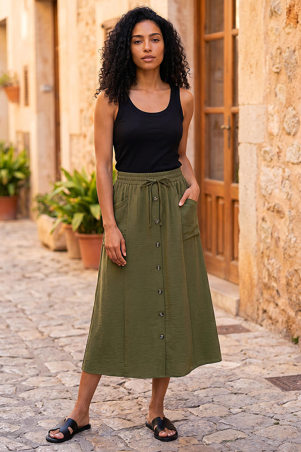 Khaki Air Flow Button Front Tie Midi Skirt, Image 3 of 4
