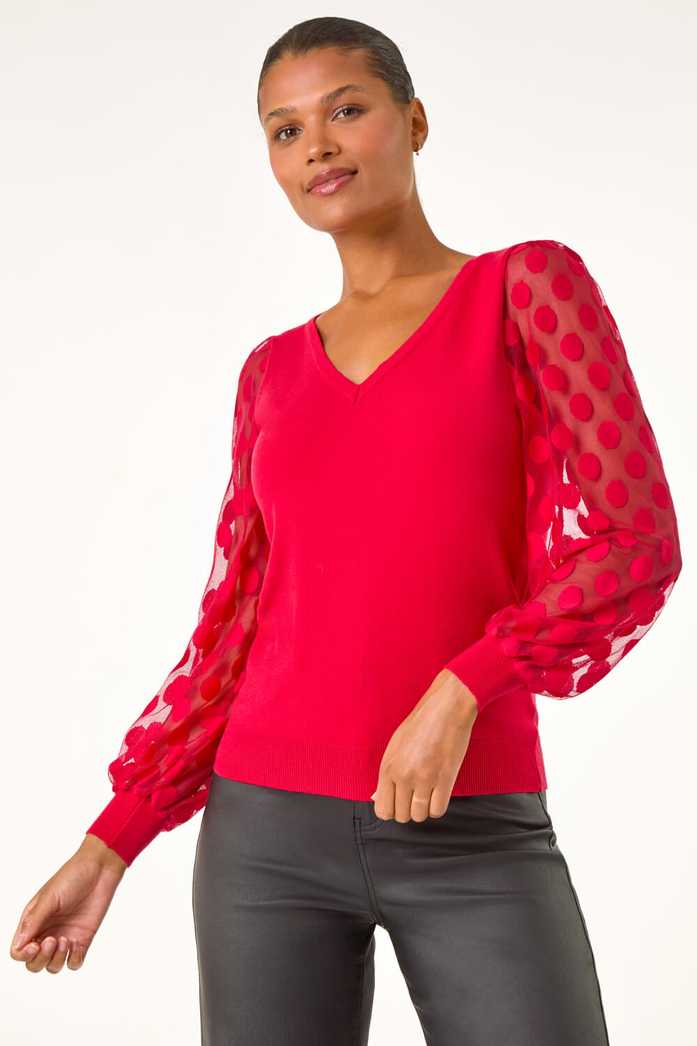 Red Polka Dot V-Neck Sleeve Knit Jumper, Image 4 of 5