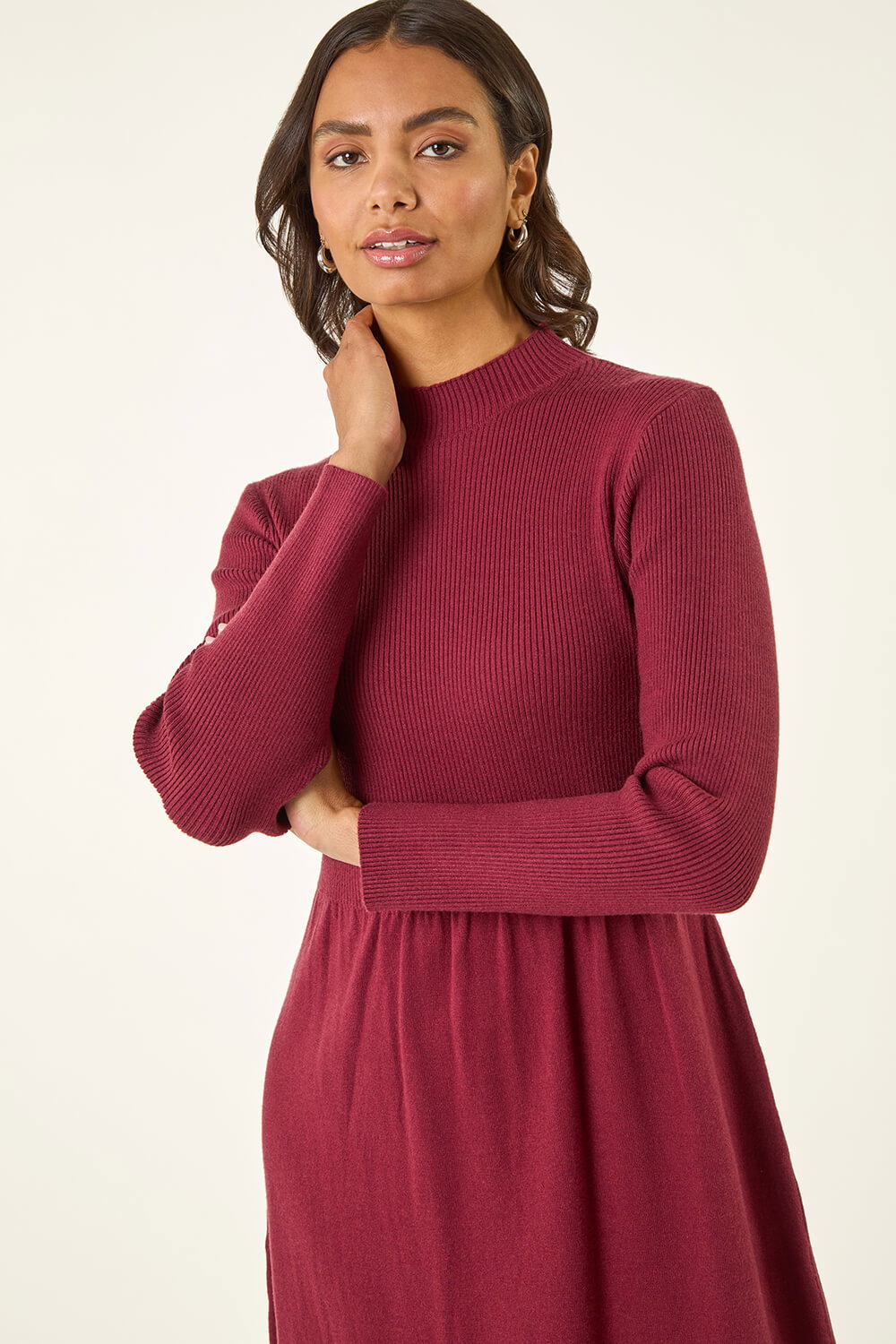burgundy work dress Rihoas Burgundy Contrast Knit Mini Dress Collared Button Front Ruffle Hem for Valentine's Date, Wine Red / S