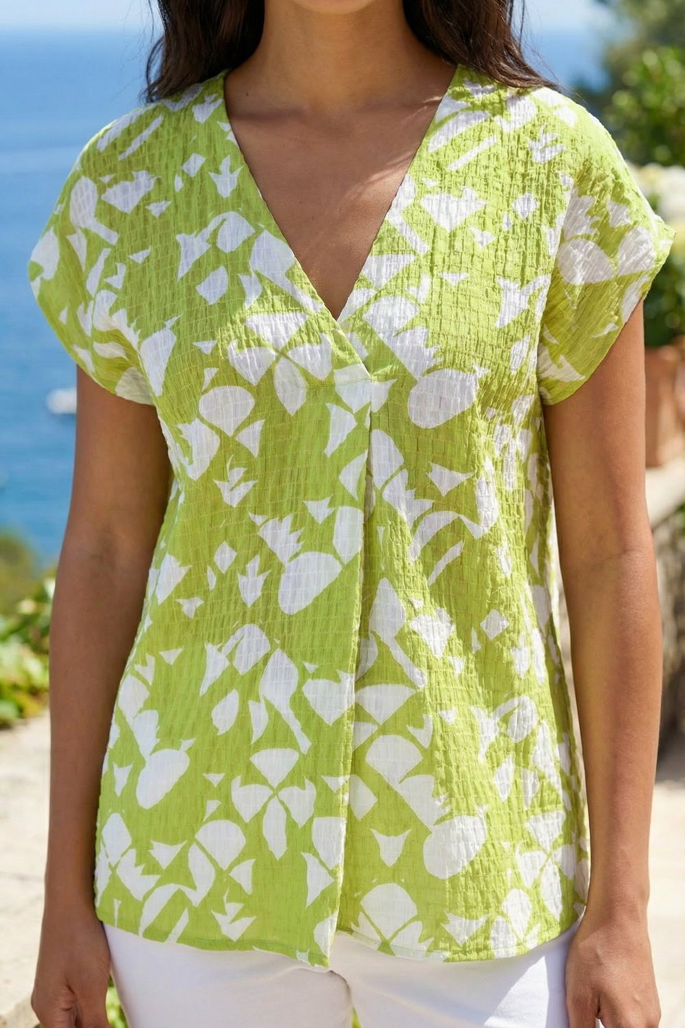 Lime Geometric Crinkle Textured V-Neck Top, Image 5 of 4