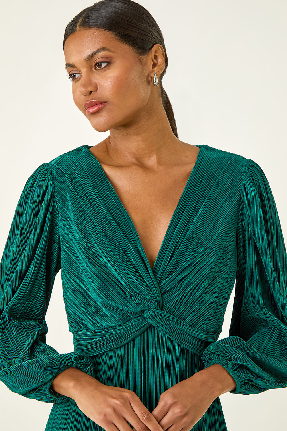 Green Plisse Twist Front Midi Dress, Image 5 of 5