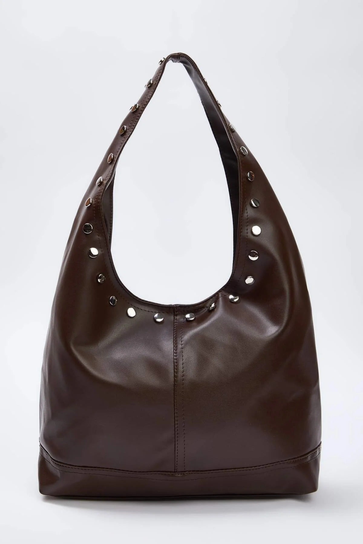 Dark Brown WOVCOR Dark Brown Oval Medium Shoulder Bag With Stud Detail, Image 1 of 3
