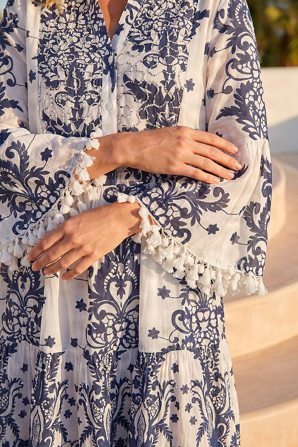 Navy Beaded Tassel Trim Smock Dress, Image 5 of 4