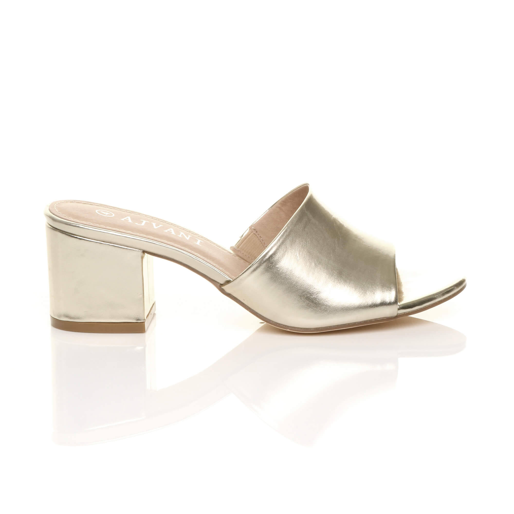 Gold AJVANI Gold Mid Block Heel Peep Toe Mules Sandals, Image 2 of 6