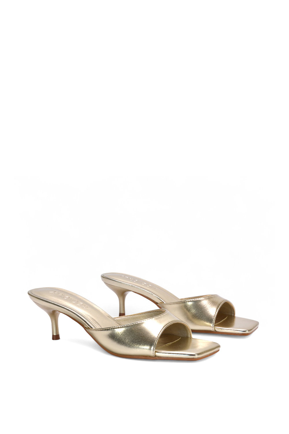 Gold XY LONDON Gold 'Jane' Square Toe Kitten Heel Slip On Heeled Sandal Mules, Image 3 of 6