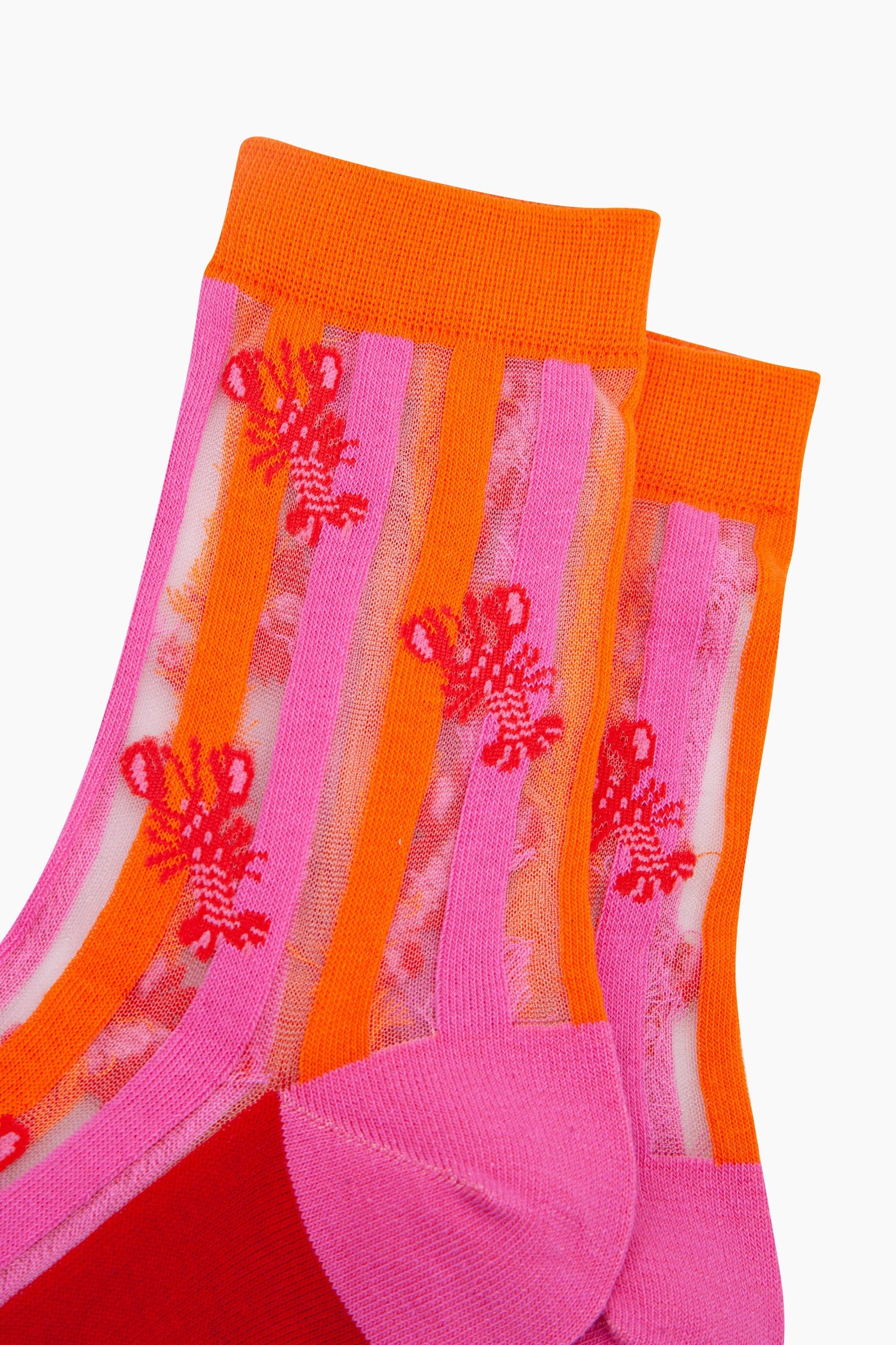 Multi Lobster Stripes Combed Cotton Sheer Pop Socks in Pink/Red, Image 2 of 4