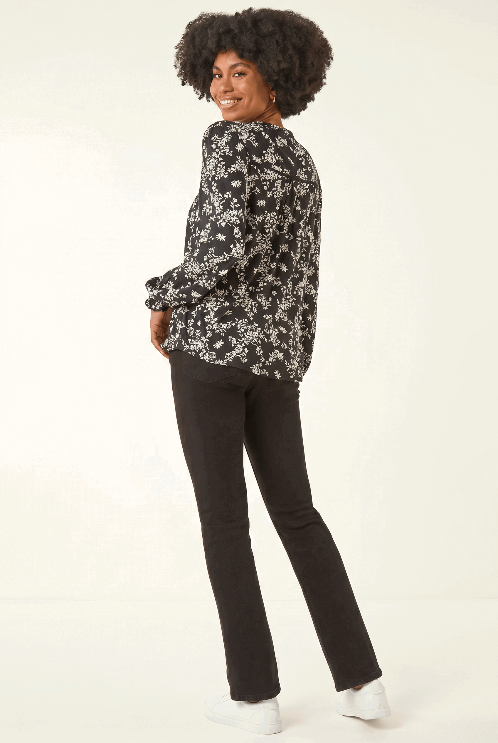 Black Floral Print Long Sleeve Top, Image 4 of 5