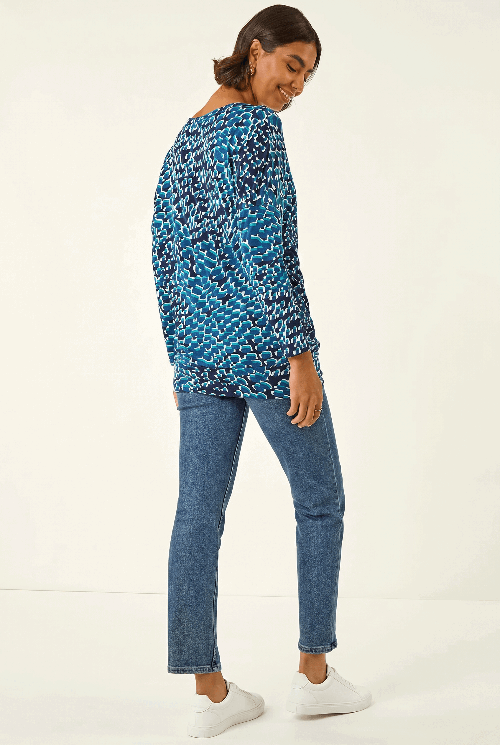 Blue Printed Bubble Hem Top, Image 4 of 5