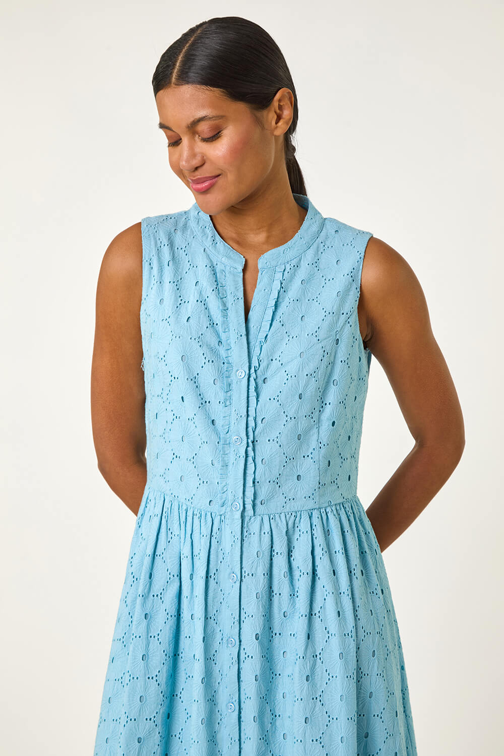 Light Blue Cotton Broderie V-Neck Midi Dress, Image 5 of 5