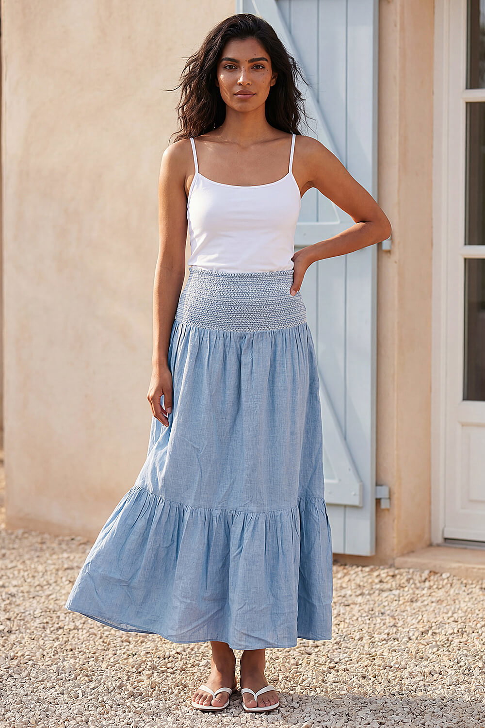 Roman Women's Blue Shirred Tiered A-Line Skirt Size 14