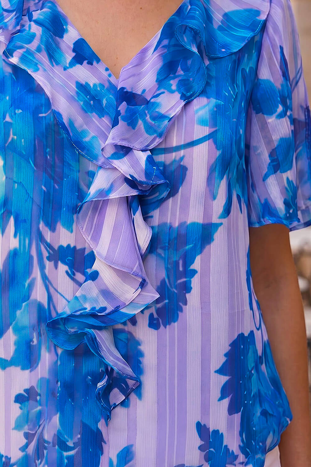Blue Floral Print Ruffle Top, Image 5 of 4